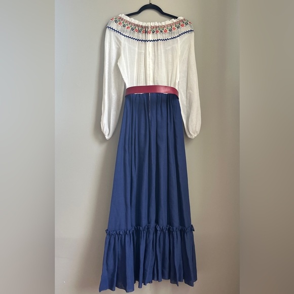 Vintage 1970’s Blue Embroidered long sleeve Peasant Maxi Dress w/ Belt- EUC - Picture 9 of 9